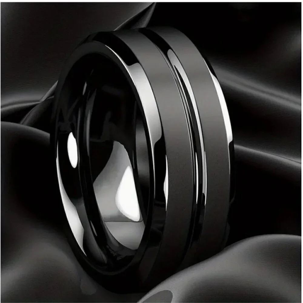 Men's Black Grooved Stainless Steel Wedding Band Ring